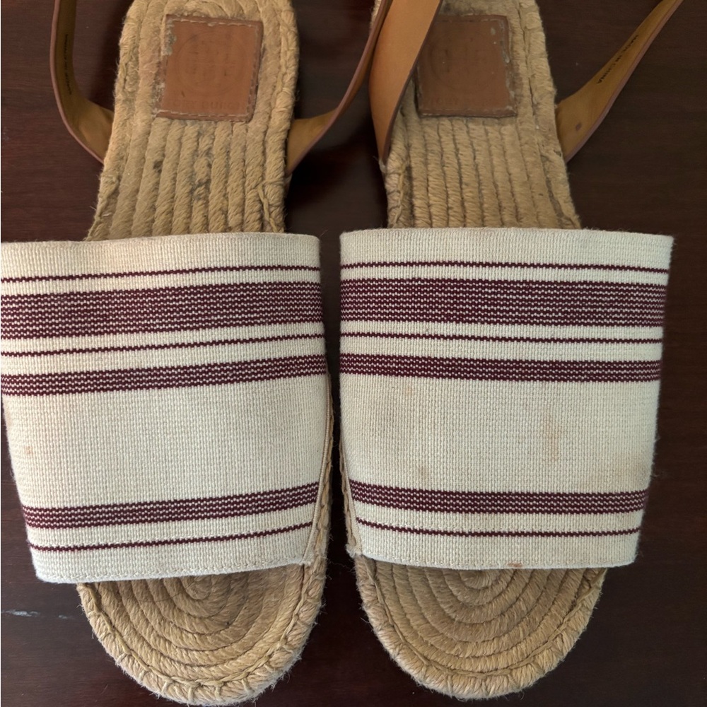 Tory Burch Cream and Brown Espadrille Sandals